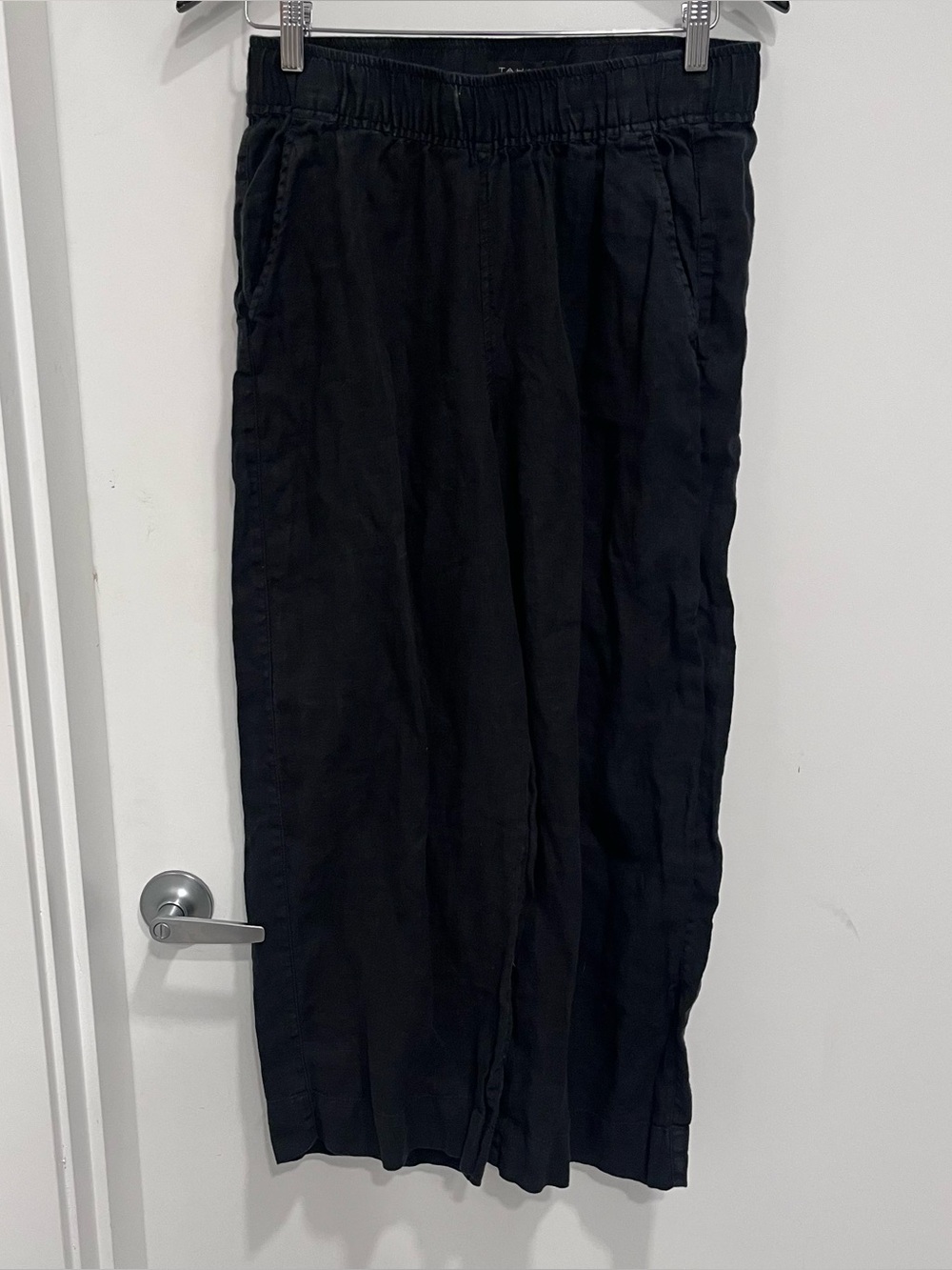 Tahari 100% Linen Wide-Leg Cropped Pants Black Elastic-Waist Casual Medium